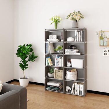 Книжкові полиці MOYIPIN, зібрана полиця для зберігання, вертикальна шафа-книжкова полиця для спальні, вітальні, дворядна багатофункціональна шафа для зберігання на 10 ящиків (сіра) сірого кольору, 10 відділень