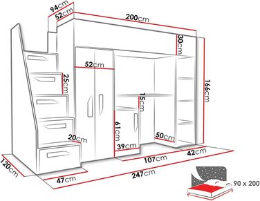 Двох'ярусне дитяче ліжко Hula 14 Двох'ярусне ліжко з шафою, письмовим столом і сходами, на вибір кольору, дитяче ліжко (білий/біли
