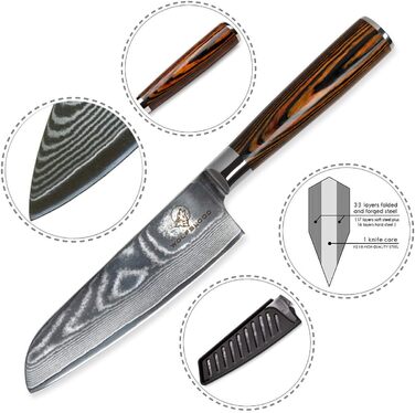 Ніж з дамаської сталі Вовча кров Сантоку L (24 см) Професійний кухарський ніж з натуральної 67-шарової дамаської сталі I Дамаський