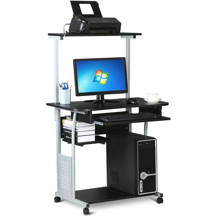 Стіл Yaheetech з полицею для принтера комп'ютерний стіл чорний Стіл для ПК на 4 коліщатках 80 x 50 x 132 см