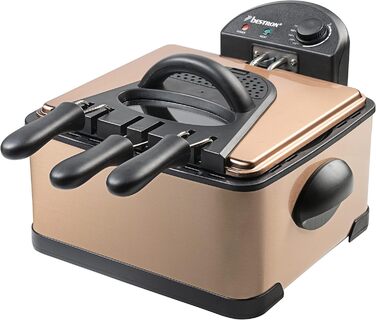 Олійна фритюрниця Bestron XL з 3 кошиками для смаження, включаючи технологію холодної зони та знімний контейнер для олії, 4 літри, можна мити в посудомийній машині, 2000 Вт, нержавіюча сталь, колір мідь