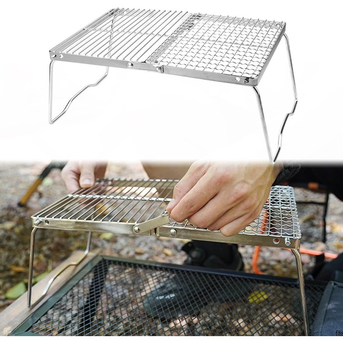Складана стійка для гриля з нержавіючої сталі DAZZLEEX для кемпінгу, портативна, на відкритому повітрі, для багаття, підставка для гриля, складна стійка для зберігання, кемпінговий гриль, для приготування їжі на пляжі, походів, пікніків