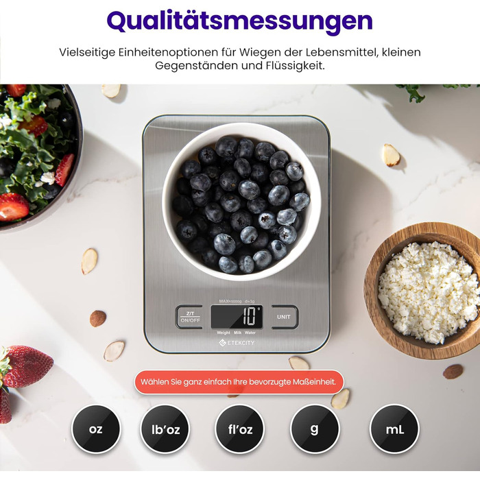 Кухонні ваги ETEKCITY, цифрові 5 кг з великим РК-дисплеєм, цифрова шкала, буквена шкала з великою ваговою поверхнею з нержавіючої