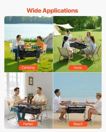 Складаний фуршетний стіл VEVOR, портативний універсальний стіл, 120 см, прямокутний алюмінієвий стіл (для 4-6 осіб) з регульованою висотою та сумкою для перенесення, садовий стіл, кемпінговий стіл для вечірок та пікніків, чорний