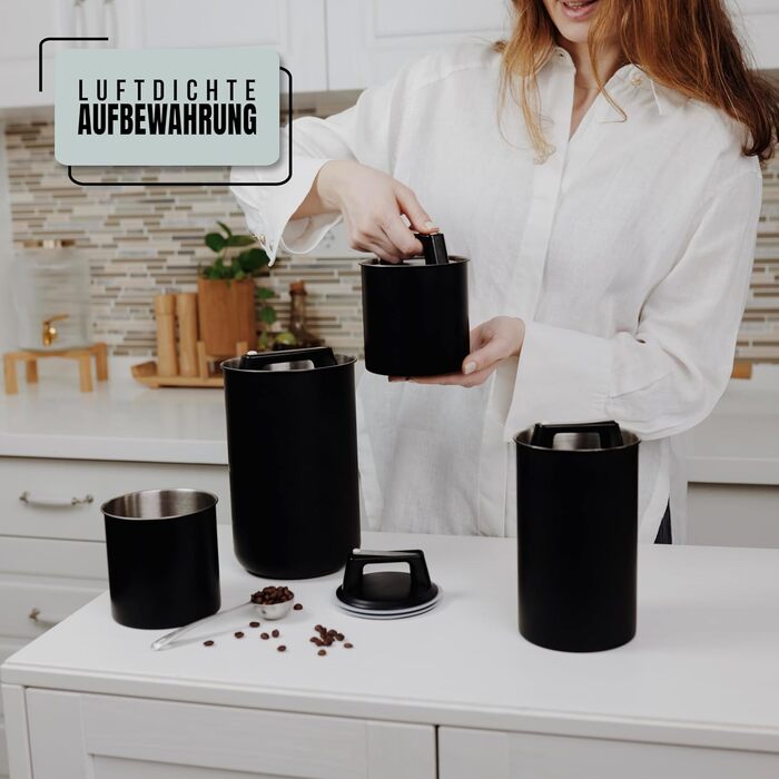 Герметичний контейнер для кави KC Kitchen & Co. для 250 г кавових зерен контейнер з нержавіючої сталі з вакуумною кришкою та ароматичною герметичністю контейнер для зберігання кави, чаю, цукру, мюслі матово-чорний (1000 мл)