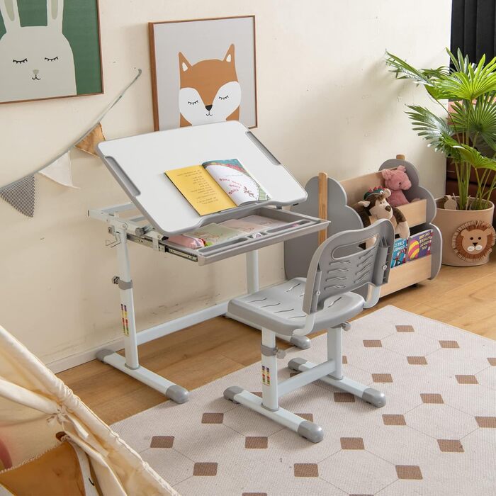 Дитяча парта COSTWAY, регульована по висоті дитяча парта з відкидною стільницею та шухлядою, багатофункціональна парта зі стільцем
