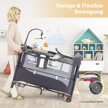 Дорожнє ліжечко з матрацом, дитяче ліжечко 5-в-1 з колесами, пеленальний килимок та музичний мобіль, дитяче ліжечко 110x76 см з сумкою для перенесення, колиска для новонароджених та немовлят (зелена)