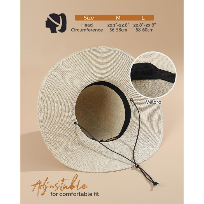 Жіночий солом&39яний капелюх Creekstone, капелюх із широкими полями, захист від сонця UPF 50, складний літній пляжний капелюх із вітровою стрічкою, розмір L, бежевий