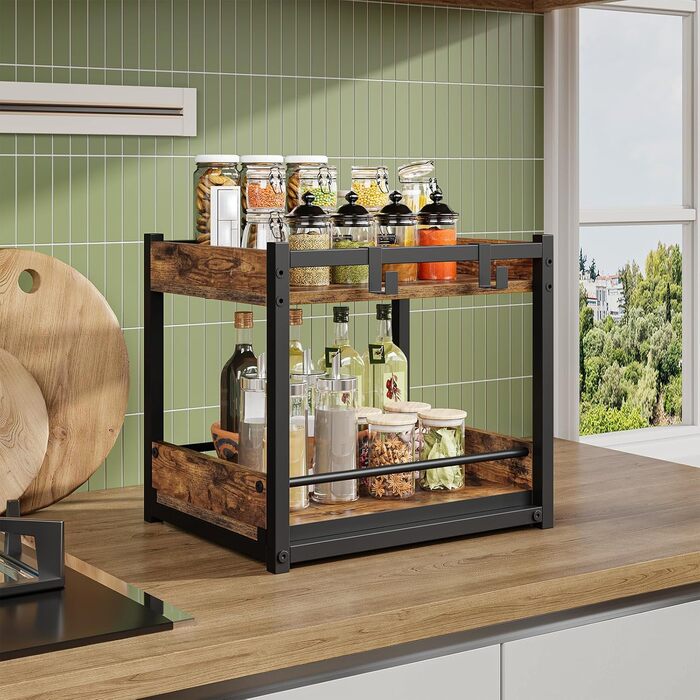 Підставка для спецій HOOBRO, 2-рівнева кухонна полиця, підставка для спецій з висувними лотками та гачками, кухонний органайзер, для кухні, вітальні, спальні, рустикальний коричневий та чорний EBF08TL01