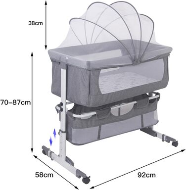 Дитяче ліжечко homewell Baby Bed Crib, дитяче ліжко та колиска 2 в 1, пружинне ліжко Baby Box, дитяче ліжко з колесами, москітна сітка, сумка для зберігання та матрац, регульована висота (модель 1 сірого кольору)