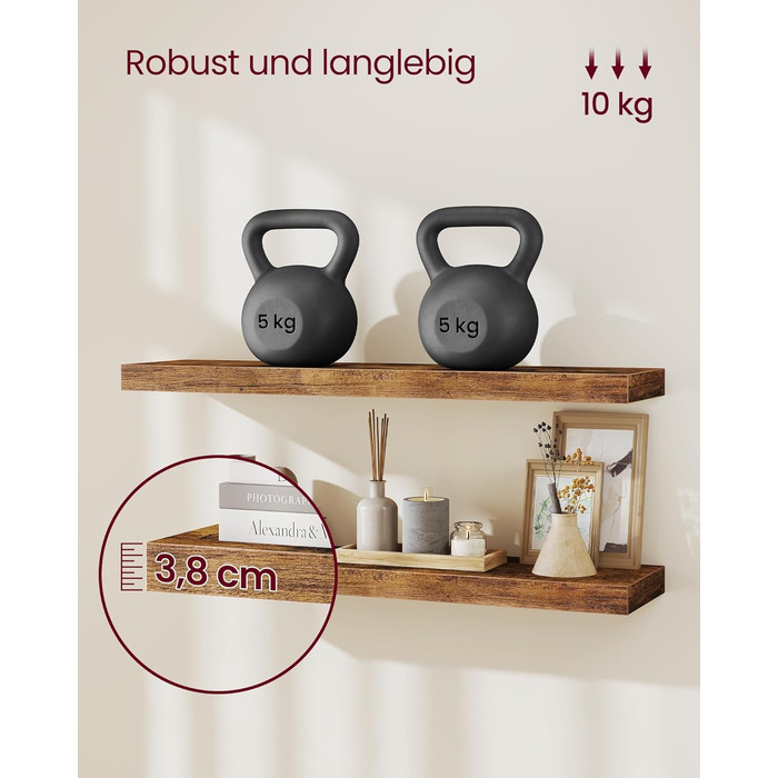 Настінна полиця VASAGLE, Плаваюча полиця, 20 x 80 x 3,8 см, Настінна полиця для рамок для картин, Декор, для вітальні, кабінету, кухні, Рустикальний коричневий LWS28BX Комплект з 1 предмета (80B см) Вінтажний коричневий