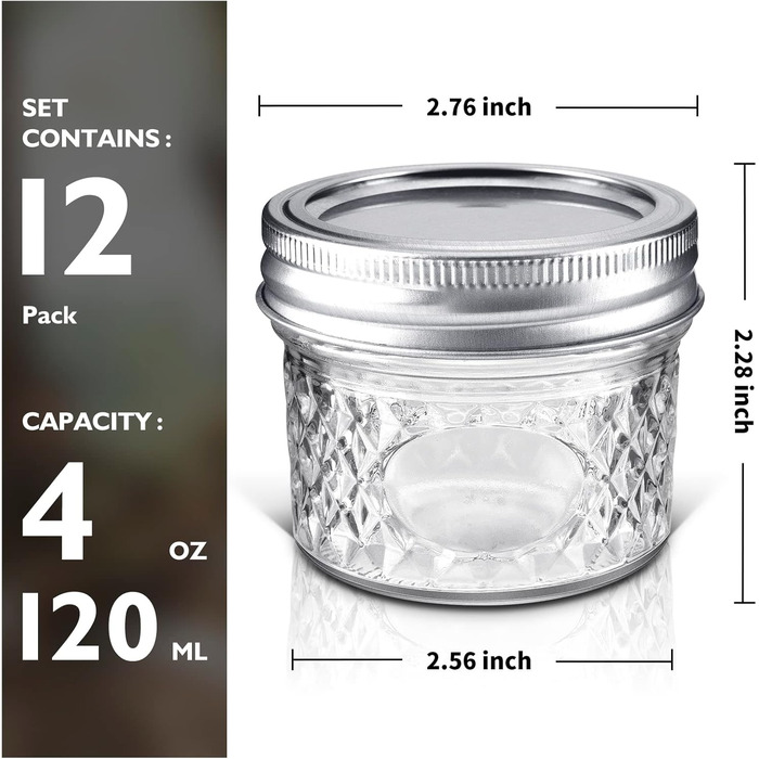 Міні-банки для консервування Tarana, банки для зберігання, прозорі скляні банки для консервування об&39ємом 4 унції з кришками, маленькі скляні банки об&39ємом 120 мл, що підходять для зберігання продуктів, варення, спецій, свічок, меду (12 шт. ) Срібляст