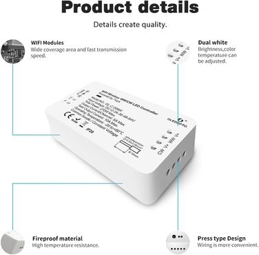 Контролер GLEDOPTO WiFi Світлодіодна стрічка WW/CW DC12-24-54V Контролер світлової стрічки Голосове керування за допомогою програми з Tuay Smart Life Alexa Google Home Assistant без додаткового концентратора