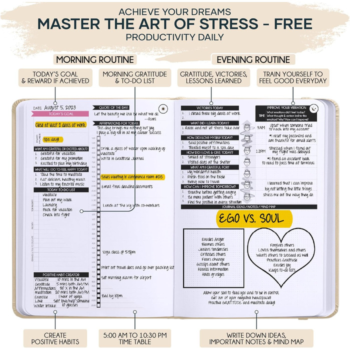 Щоденник прояву - 90-денна подорож до створення життя вашої мрії - особистий щоденник вдячності, щотижневий планувальник успіху, дошка візій та органайзер + наліпки для планувальника, без дати