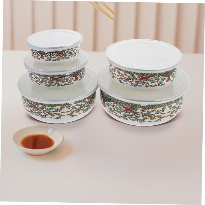 Набір емальованих мисок Amosfun з 5 предметів, багатоцільові миски з кришками для локшини швидкого приготування, салату, супу, мисок для змішування, мисок для зберігання продуктів з гладкою поверхнею для домашнього використання, 18,60 x 18,60 x 7,50 см