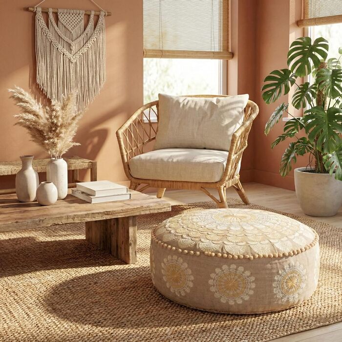 Кругла підлогова подушка Mandala Life ART XXL з помпонами, бежева, великий пуф/табурет, подушка для сидіння в стилі бохо, розкішна з художнім декором кімнати, плюшева, 100 бавовна, без наповнювача, 60x20 см, чохол для подушки 60x20 см, бежевий