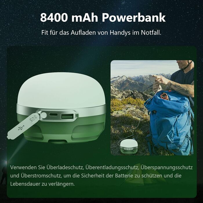 Світлодіодний кемпінговий ліхтар із акумулятором 8400 мАг, кемпінговий ліхтар зі зміною кольору RGB з акумулятором USB-C, 5 режимів освітлення, плавне затемнення, водонепроникний та сильний магнітний кемпінговий ліхтар для походів, відключення електроенер