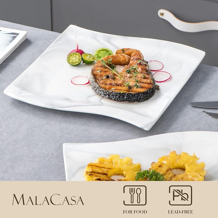 Серія Флора, 6 предметів Набір мармурових порцелянових плоских тарілок Обідня тарілка Обідня тарілка 10,25 дюйма / 26x27x2,5 см дл