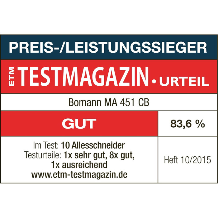 Нарізка їжі Bomann з ножем з нержавіючої сталі Ø 190 мм Електрична хліборізка з плавним регулюванням товщини різання (015 мм) Різальний верстат з металевим корпусом 150 Вт МА 451 ЦБ