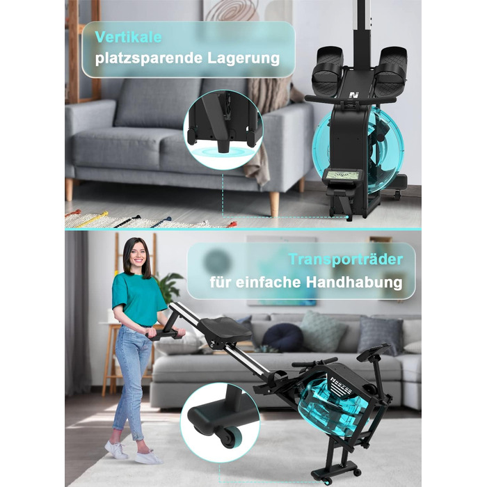 Домашній гребний тренажер Neezee, водний гребний тренажер з професійним Bluetooth-монітором та тримачем для планшета, максимальна вантажопідйомність 150 кг, вертикальне зберігання, транспортні колеса для легкого переміщення, новий монітор