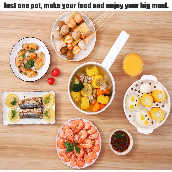 Електрична гаряча каструля 1,5 л з пароваркою, електричні сковороди для смаження/рамену/фондю/супу, підходить для гуртожитку/кемпінгу/дому, керамічне антипригарне покриття, подвійне регулювання потужності, світло-бежевий