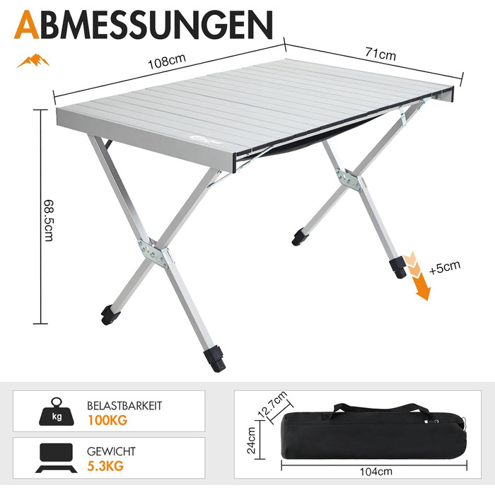 Складаний кемпінговий стіл PORTAL, регульована висота, алюмінієвий, 108 x 71 см, зсувний, легкий, для пікніків, вечірок, садів, походів, подорожей, сріблястий