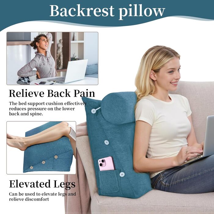 Клиноподібна подушка для читання для ліжка, регульована декоративна подушка для читання, трикутна подушка, клиноподібна подушка для дивана для поперекового відділу хребта, подушка для підтримки шиї та спини зі знімним лляним чохлом, синя, 60 см