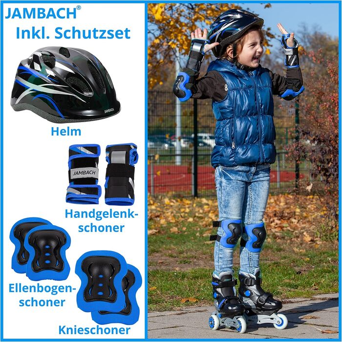 Дитячі роликові ковзани JAMBACH з комплектом захисту, регульованим до роликових ковзанів зі світлодіодами XS (26-29) сині