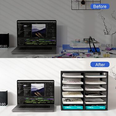 Органайзер для офісного столу EasyPAG з 12 кишеньками, металевий та дерев&39яний, формату А4, тримач для документів, лоток для файлів, тримач для журналів, лоток для листів, органайзер для паперових журналів, чорний, 12 кишень (6x2)