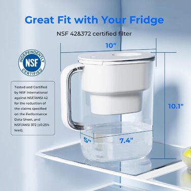 Глечик Waterdrop Lucid Water Filter з 190-денним фільтром, 3,5 л, зменшує вапняний наліт, хлор, свинець, мідь у воді, сертифікований NSF, без BPA, білий (замінний фільтр WD-PF-01A Plus)