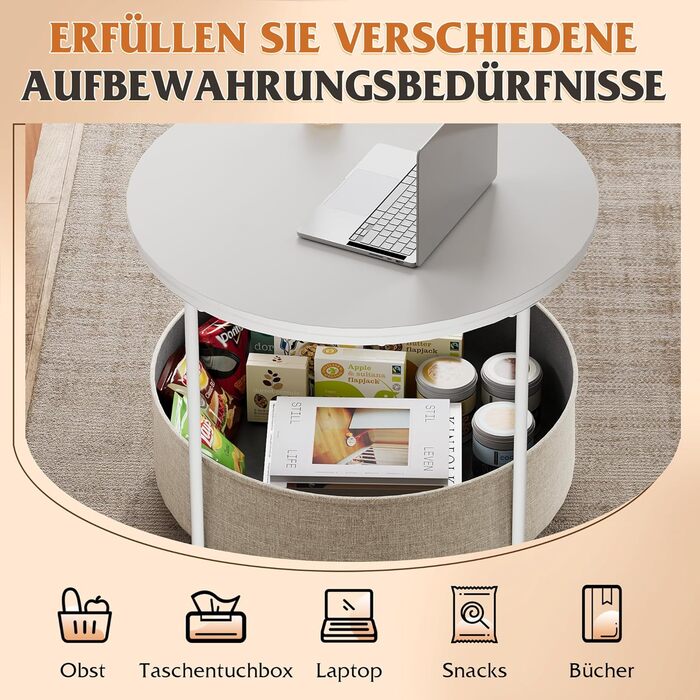 Круглий білий журнальний столик WLIVE, столик для вітальні з тканинним кошиком, металевий каркас, журнальний столик для вітальні з диваном, діаметр 60 дюймів, журнальний столик для вітальні, спальні (білий, діаметр 60 дюймів)