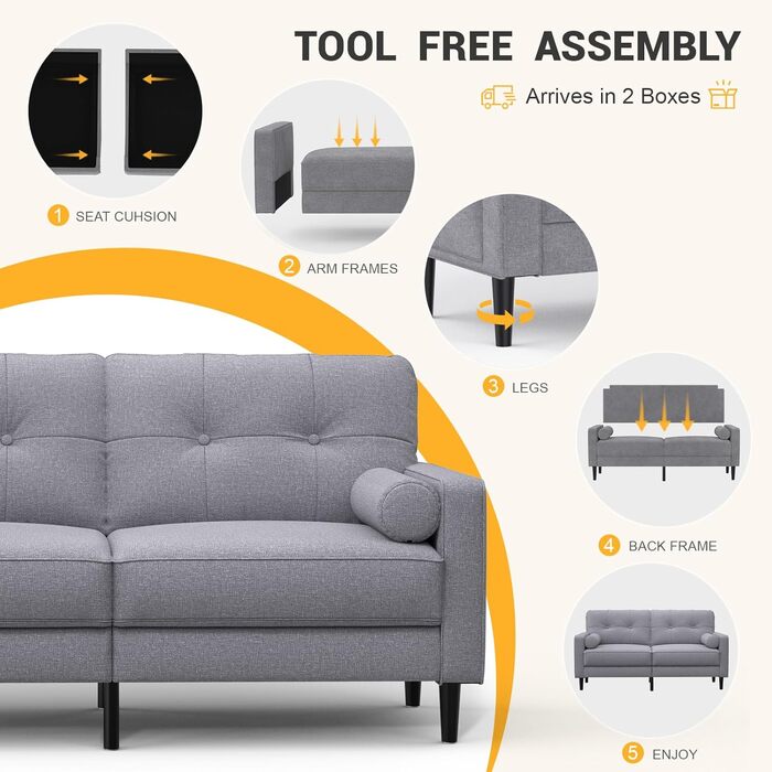 Місний диван, сучасний дизайн з товстими подушками, 2 подушки, зручний лляний диван з 2 відділеннями для зберігання речей для вітальні/спальні/офісу, легко збирається невеликий предмет меблів, класичний сірий, 2-