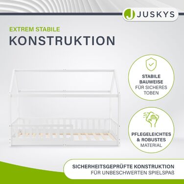 Дитяче ліжко Juskys Marli 90 x 200 см з матрацом, захисними поручнями, рейковою основою та дахом - Ліжко-будиночок з масиву дерева для дітей - Ліжко білого кольору