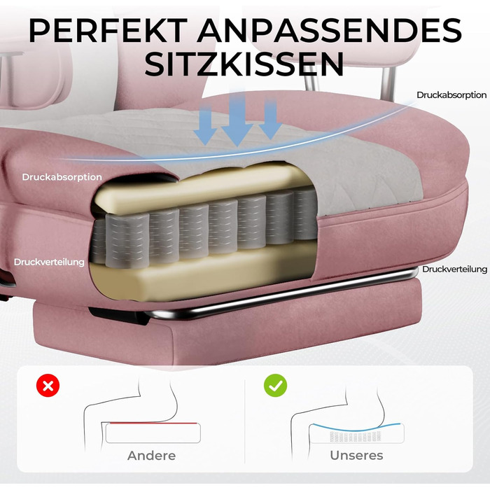 Ігрове крісло GTPLAYER, офісне крісло з пружинною опорою для попереку, ергономічне та зручне широке офісне комп&39ютерне крісло з м&39якими підлокітниками та підставкою для ніг, що виходять назовні, рожева тканина