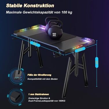 Ігровий стіл HENGMEI 140x60 см у формі крила, ігровий стіл стоячи зі світлодіодним освітленням, комп&39ютерний стіл, ігровий стіл для домашнього офісу, кутовий стіл (M-подібна рама), 140x60x73 см, M-подібна рама