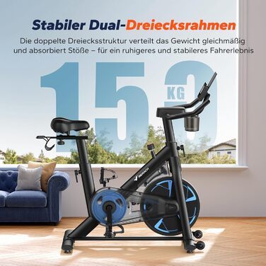 Велотренажер MERACH з магнітним опором, тихий домашній тренажер з покращеним амортизуючим сідлом на повітряній подушкі, спеціалізований додаток, стабільна H-подібна рама для кращої підтримки, до 150 кг, синій
