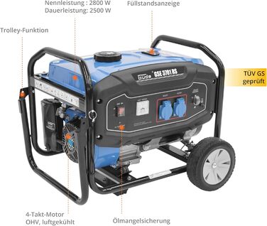 Генератор Gde GSE 3701 RS (4-тактний двигун, бензиновий, 4/5,5 (кВт/к.с.), 2 розетки 230 В, макс. 2800 Вт, час роботи до 16 год, бак 15 л, автоматичний регулятор напруги (ARV), захист від перевантаження, шасі, TV/GS, тестування ДОБРЕ - ДУЖЕ ДОБРЕ)