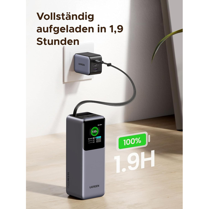 Зовнішній акумулятор UGREEN Nexode 20000 мАг, швидка зарядка 165 Вт, висувний кабель 65 см, сумісний з iPhone серії 17/16/15, Galaxy S25 Ultra, MacBook, ноутбуком Dell та іншими