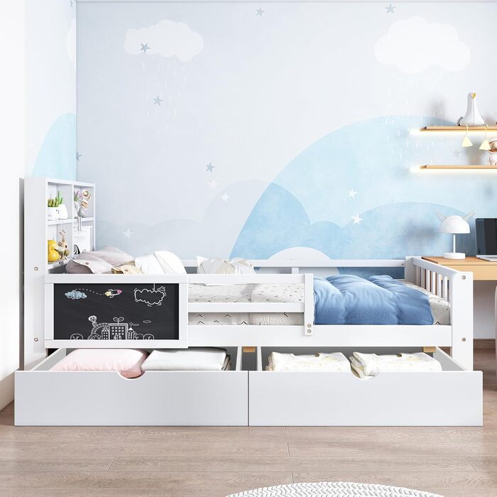 Дитяче ліжко 90x200, дерев&39яне ліжко з шухлядами та дошкою для малювання, узголів&39я з книжковою полицею та поручнями, ліжко з рейковою основою та місцем для зберігання речей, дитяче ліжко, функціональне ліжко, дерев&39яний каркас ліжка, без матраца, б