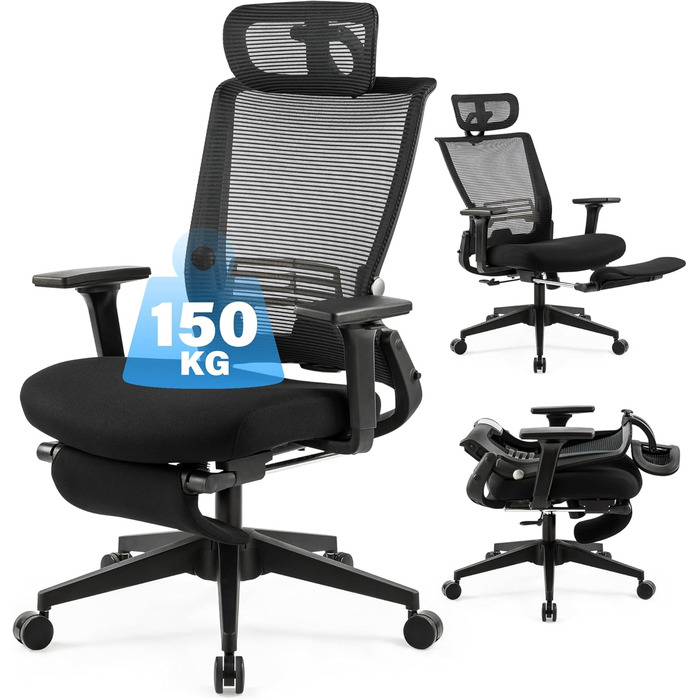 Складане офісне крісло з підставкою для ніг, ергономічне робоче крісло з поперековою опорою та підголівником, крісло для керівників з сітчастою підкладкою, вантажопідйомність 150 кг, для компактної роботи вдома, чорний колір