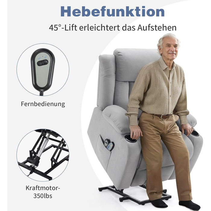 Крісло-реклайнер LEADZM для телевізора з підйомником, електричне масажне крісло з функцією відкидання, допомога вставанню, масаж, підігрів, 2 бічні кишені, підстаканник, світло-сірий