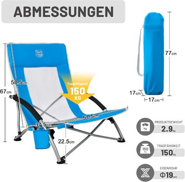 Пляжний стілець TIMBER RIDGE, складний, легкий кемпінговий стілець з низькими ніжками, спинка з дихаючої сітки, синій, вантажопідйомність 150 кг, 2 шт. синього кольору