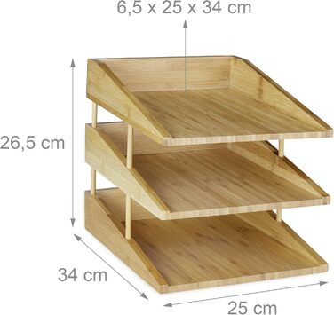 Бамбуковий лоток для документів Relaxdays, 3 відділення, штабелюється, лоток DIN A4 для офісу та столу, лоток для листів, натуральний одинарний