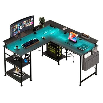Г-подібний ігровий стіл зі світлодіодним освітленням та розетками, кутовий стіл 140x140 см, двосторонній комп&39ютерний стіл з полицею для монітора, 4 полиці та бічні кишені для домашнього офісу та офісу, чорний, 140x140x85 см