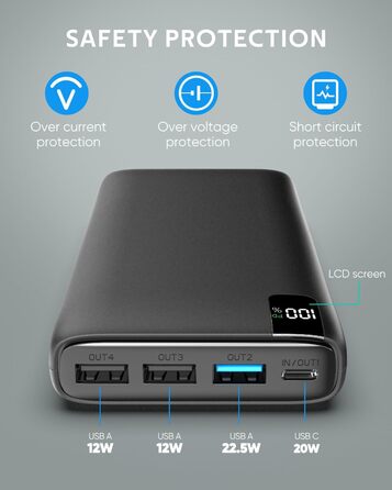 Зовнішній акумулятор ADDTOP Power Bank 26800 мАг, 22,5 Вт Power Bank USB C з PD 20W Power Delivery, портативний зарядний пристрій з 4 портами, сумісний зі смартфоном, планшетами та іншими чорними одиночними пакетами