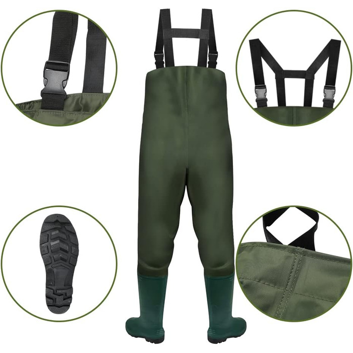 Штани для риболовлі, вейдерси, штани для ставка з нейлону 70D, композитного ПВХ, з нековзними гумовими чобітьми, водонепроникні штани, підходять для будівельних майданчиків, риболовлі, ферм, садів, розмір L 42/43, зелені