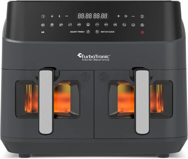 Гаряча аерофритюрниця XXL Подвійна фритюрниця 1600 Вт / 9 л (2 шт. 4.5 л камера) 10 програм Цифрова фритюрниця без жирного масла Подвійна аерофритюрниця Фритюрниця Power Grey