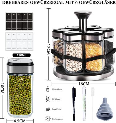 Карусель для спецій, що обертається на 360, органайзер для спецій з 6 баночками для спецій об&39ємом 120 мл, регулювання розміру на 360, ніжна підставка для спецій з нержавіючої сталі, зберігання основних спецій для початківців-кухарів, один шар - 6 баноч