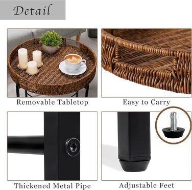 Плетений круглий журнальний столик 48 x В50 см, журнальний столик зі знімним підносом, журнальний столик з регульованими ніжками діаметр 48 см x висота 50 см