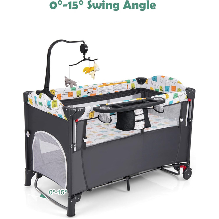 Дитяче ліжечко LIFEZEAL з матрацом, складне дитяче ліжечко з пеленальною дошкою та іграшками, дорожнє ліжечко з тканини Оксфорд, 2 рівні, регульована висота, вантажопідйомність 10/15/10 кг (сірий колір)